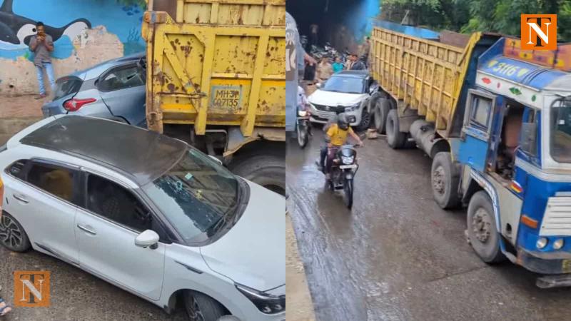 Two Cars Damaged in Reversing Tipper Accident Near Narendra Nagar